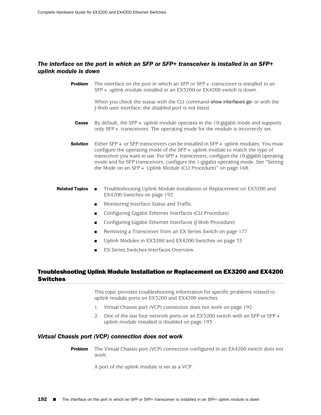 Juniper Networks EX3200, EX4200 manual Virtual Chassis port VCP connection does not work 