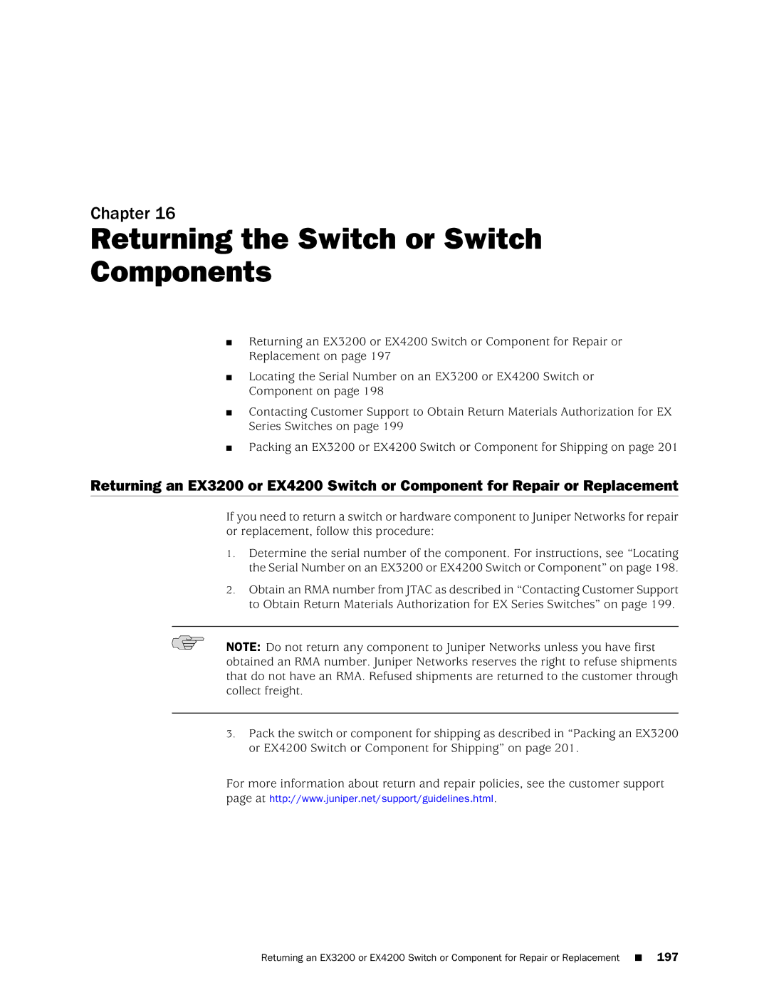 Juniper Networks EX4200, EX3200 manual Returning the Switch or Switch Components 