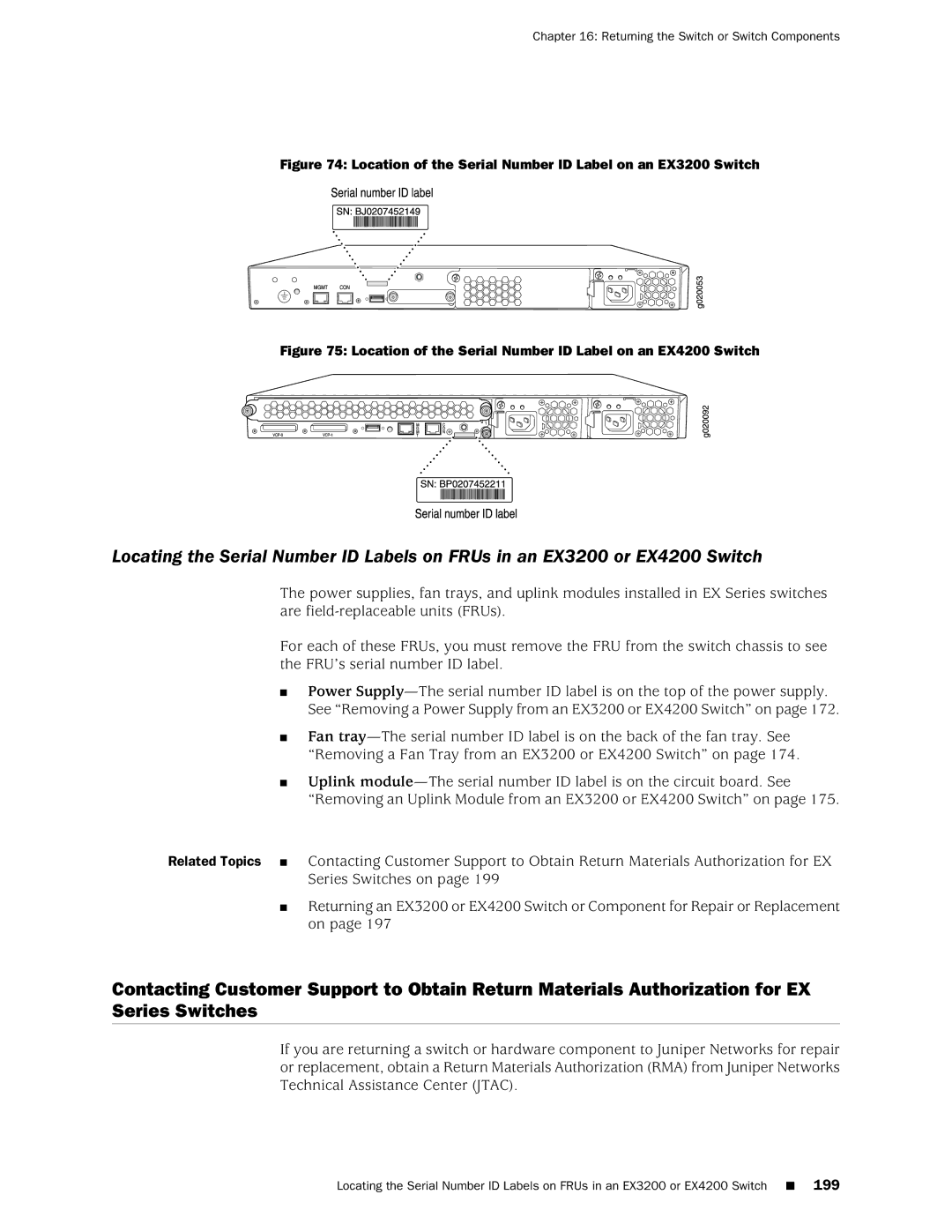 Juniper Networks EX4200 manual Location of the Serial Number ID Label on an EX3200 Switch 