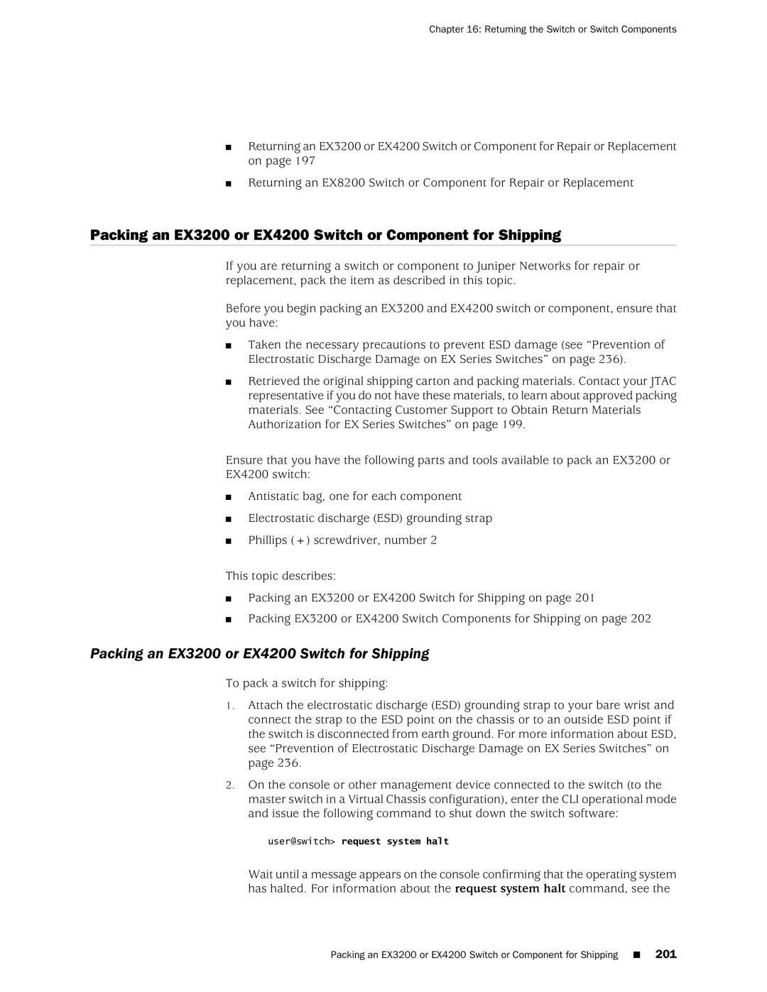 Juniper Networks manual Packing an EX3200 or EX4200 Switch or Component for Shipping 