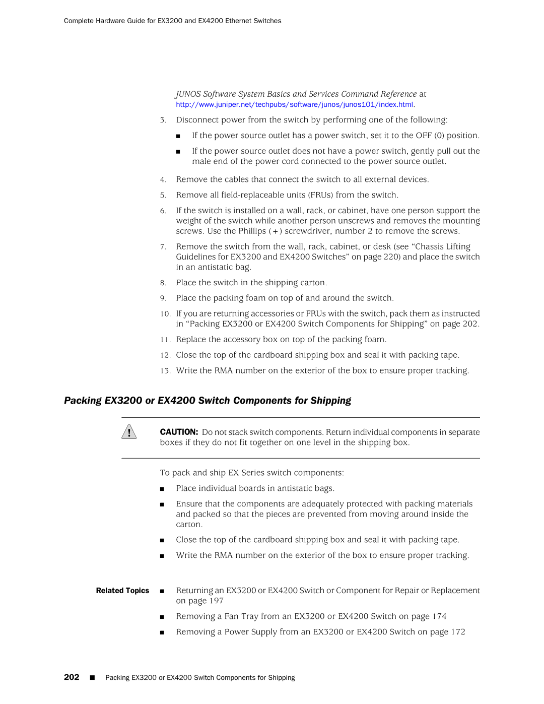 Juniper Networks manual Packing EX3200 or EX4200 Switch Components for Shipping 