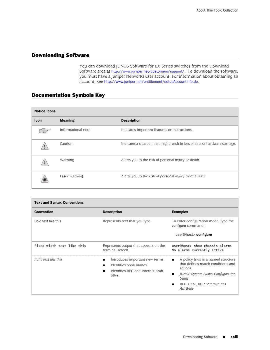 Juniper Networks EX4200, EX3200 manual Downloading Software Documentation Symbols Key 