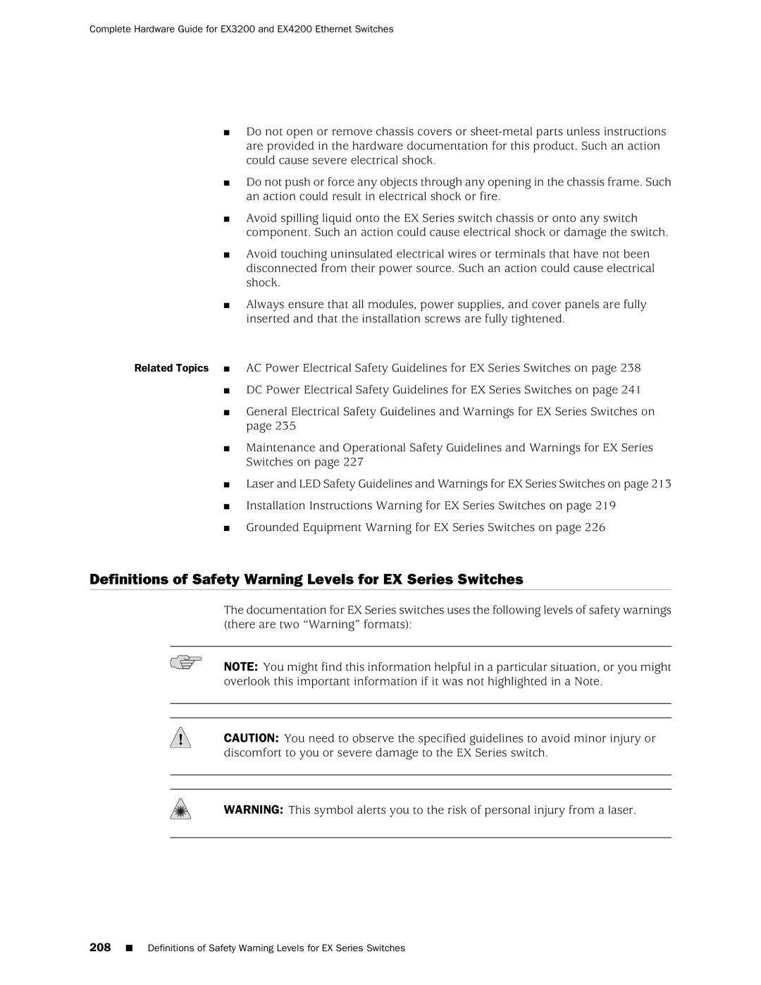 Juniper Networks EX3200, EX4200 manual Definitions of Safety Warning Levels for EX Series Switches 