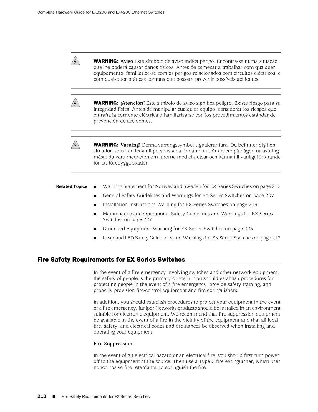 Juniper Networks EX3200, EX4200 manual Fire Safety Requirements for EX Series Switches 