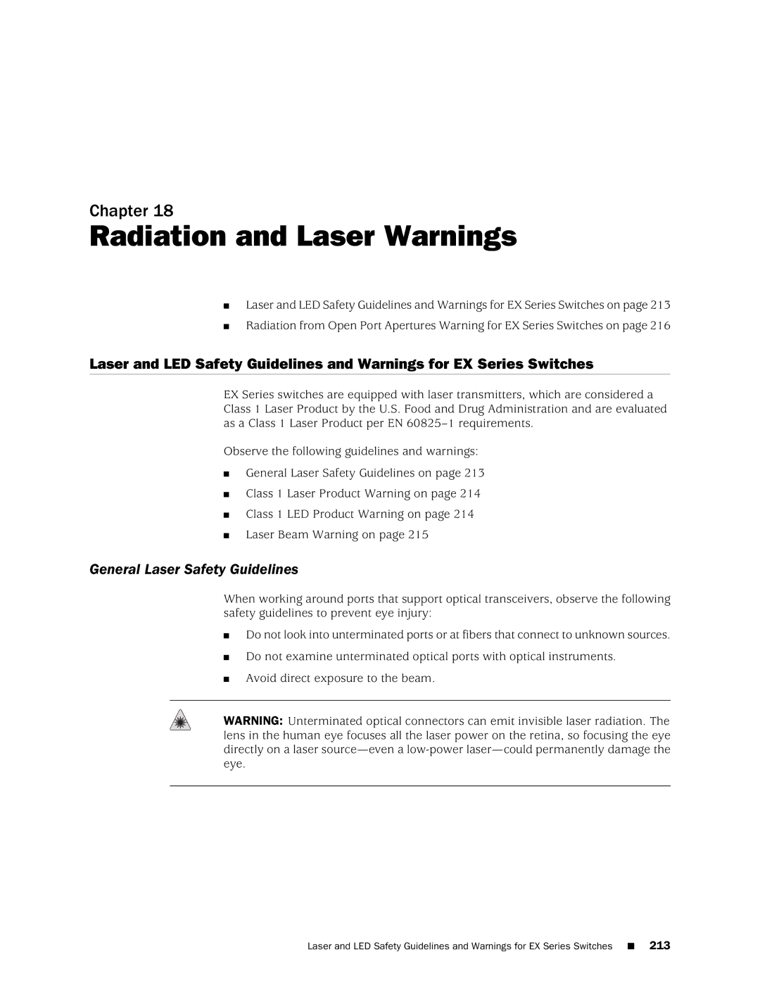 Juniper Networks EX4200, EX3200 manual Radiation and Laser Warnings, General Laser Safety Guidelines 