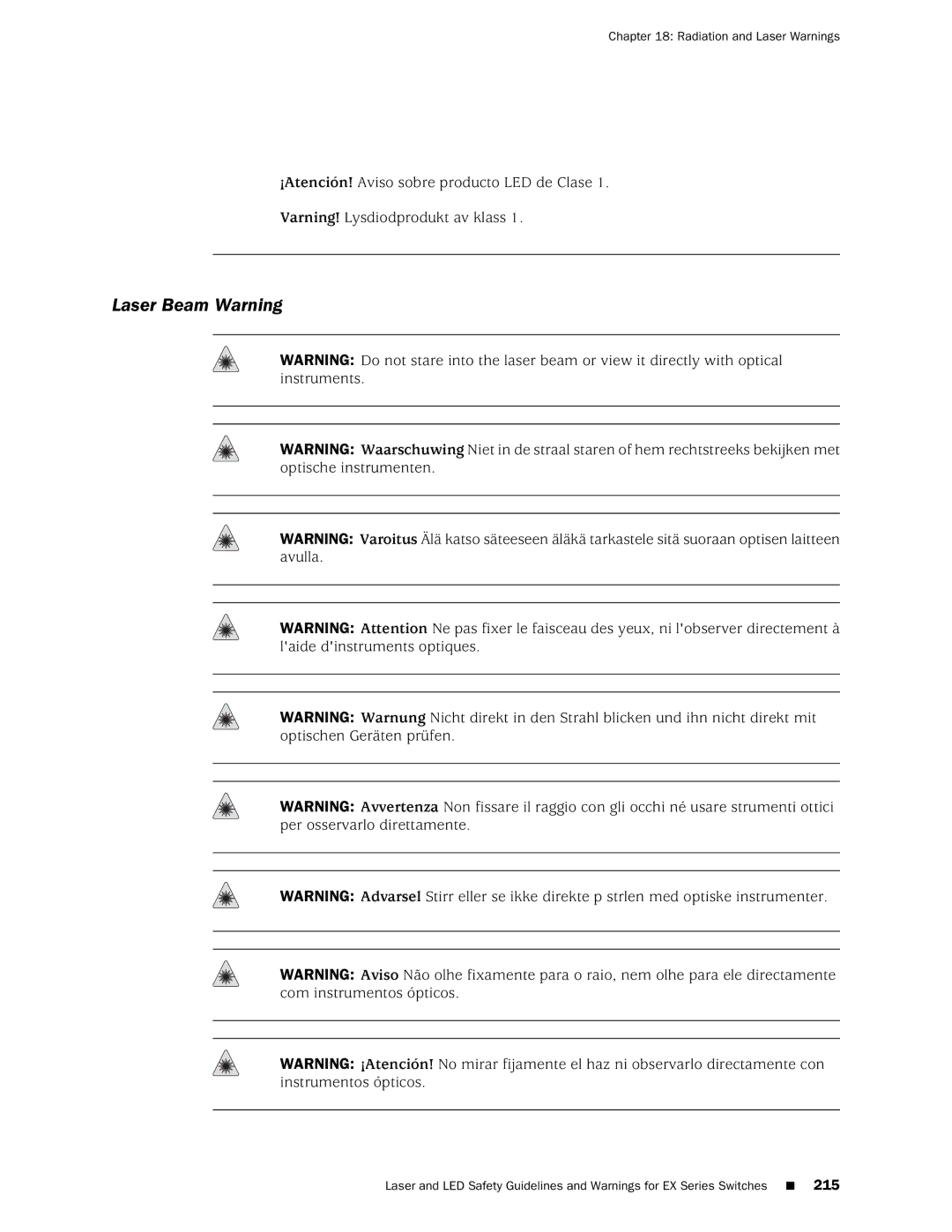 Juniper Networks EX4200, EX3200 manual Laser Beam Warning, Radiation and Laser Warnings 