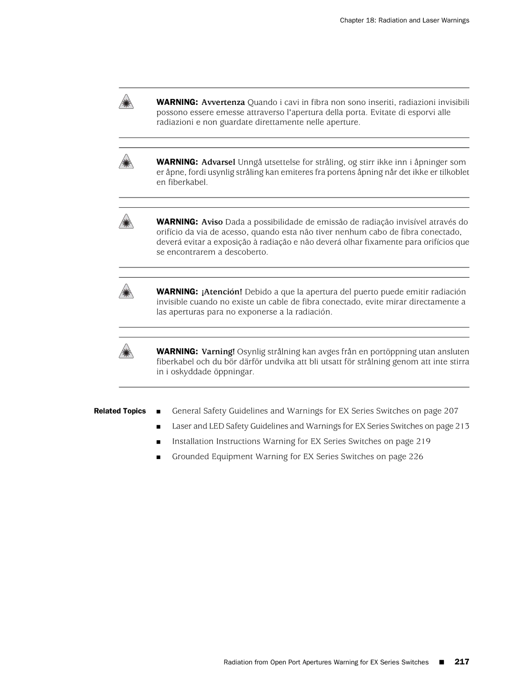 Juniper Networks EX4200, EX3200 manual Radiation and Laser Warnings 