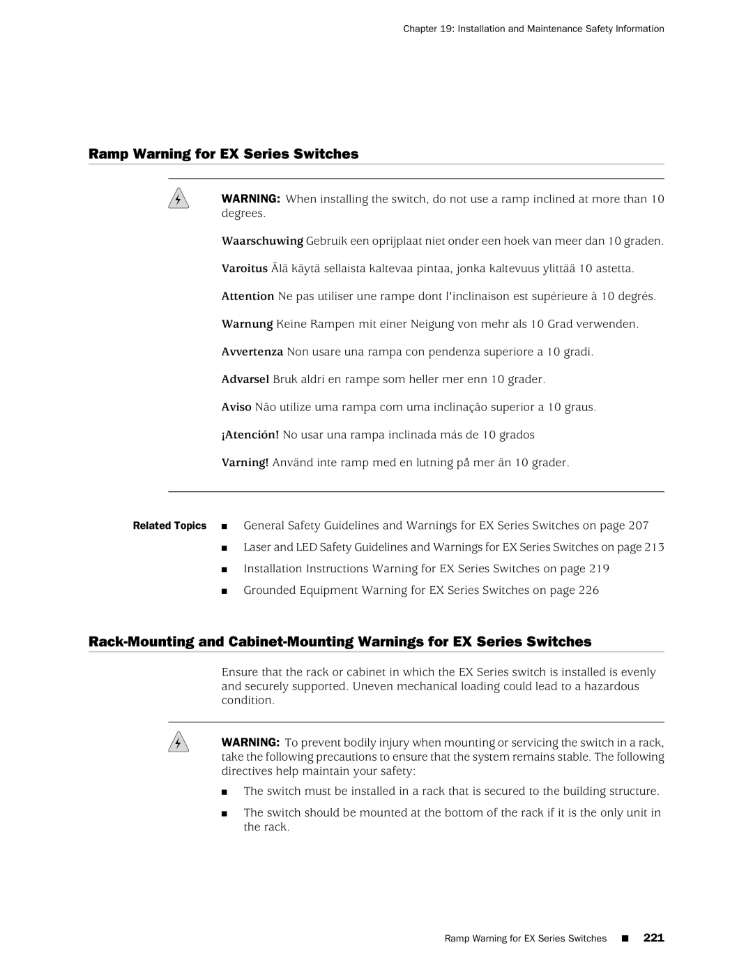 Juniper Networks EX4200, EX3200 manual Ramp Warning for EX Series Switches, Installation and Maintenance Safety Information 