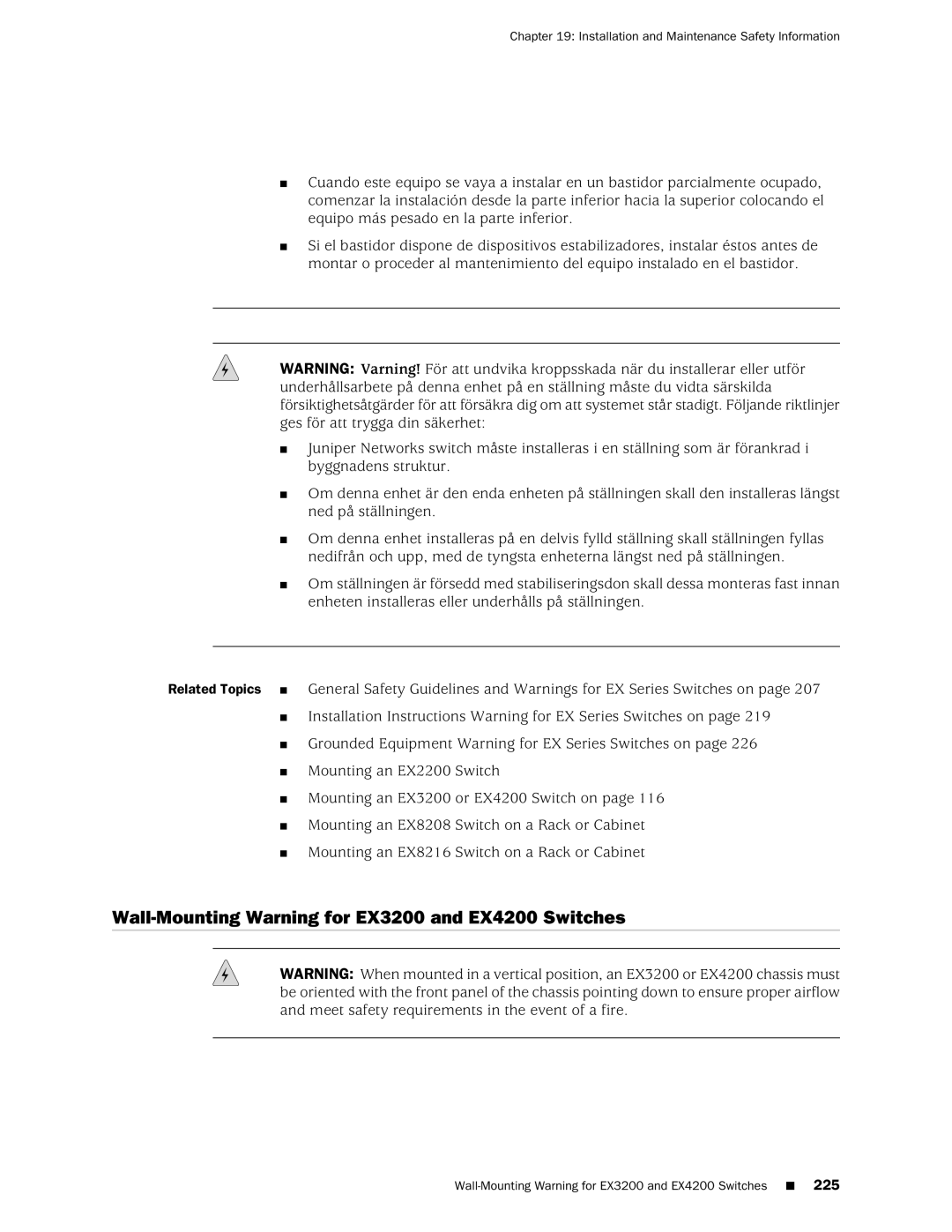 Juniper Networks manual Wall-Mounting Warning for EX3200 and EX4200 Switches 