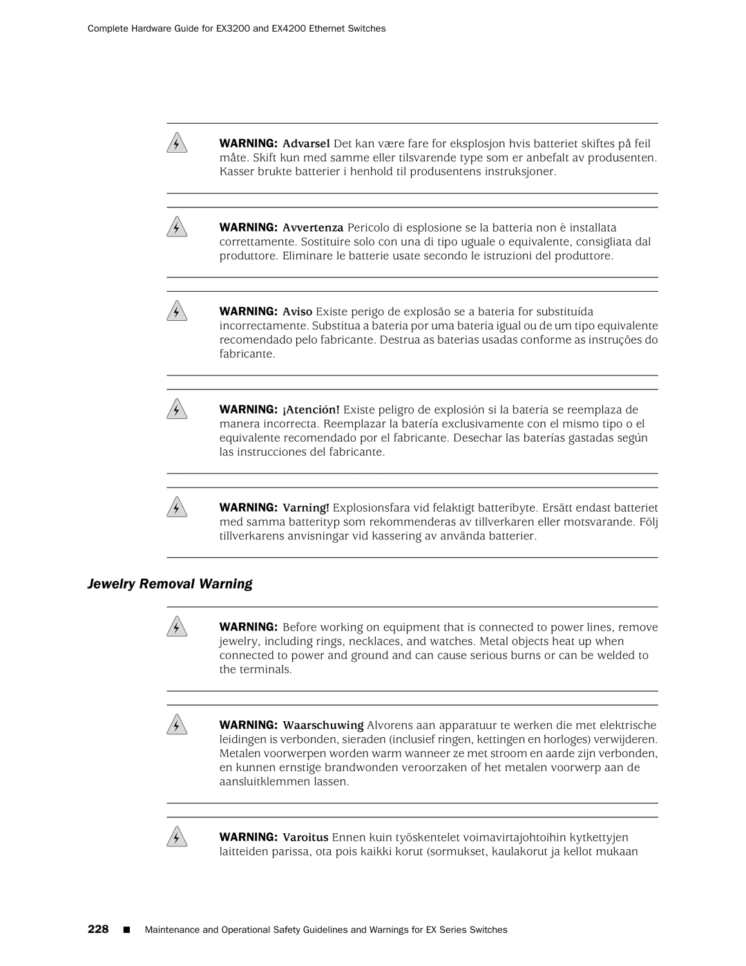 Juniper Networks EX3200, EX4200 manual Jewelry Removal Warning 