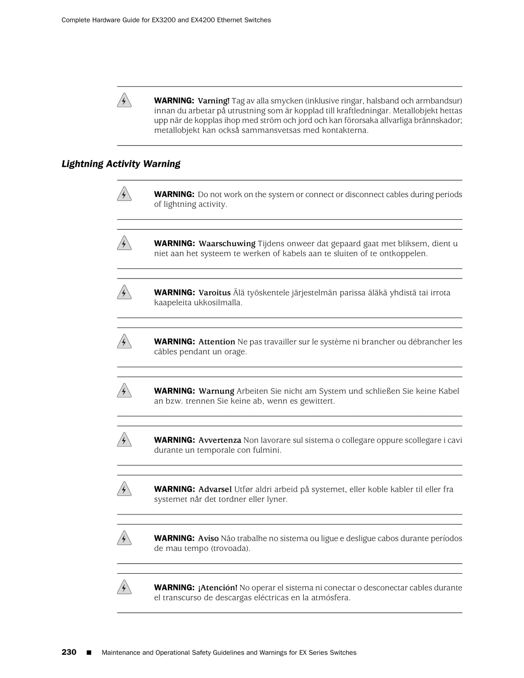 Juniper Networks EX3200, EX4200 manual Lightning Activity Warning 