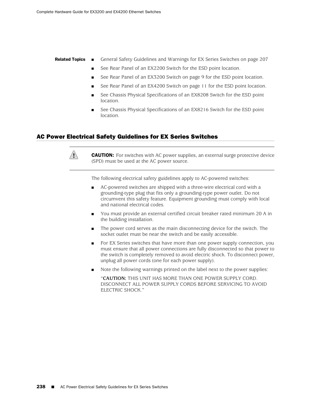 Juniper Networks EX3200, EX4200 manual AC Power Electrical Safety Guidelines for EX Series Switches 