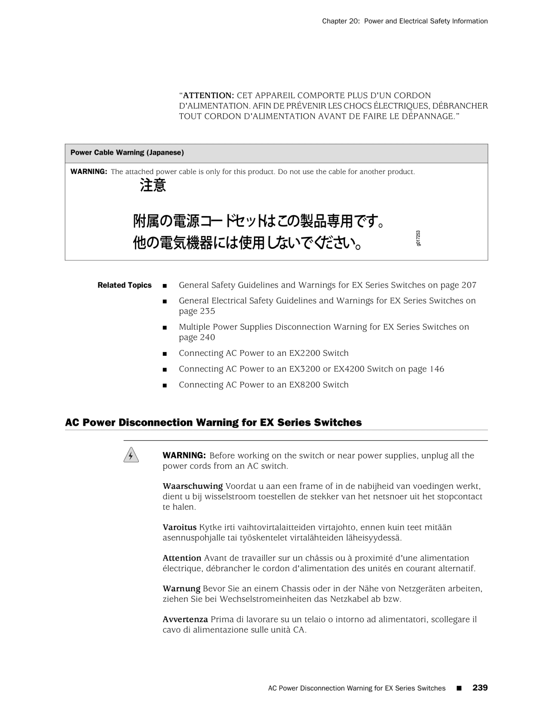 Juniper Networks EX4200, EX3200 manual AC Power Disconnection Warning for EX Series Switches 