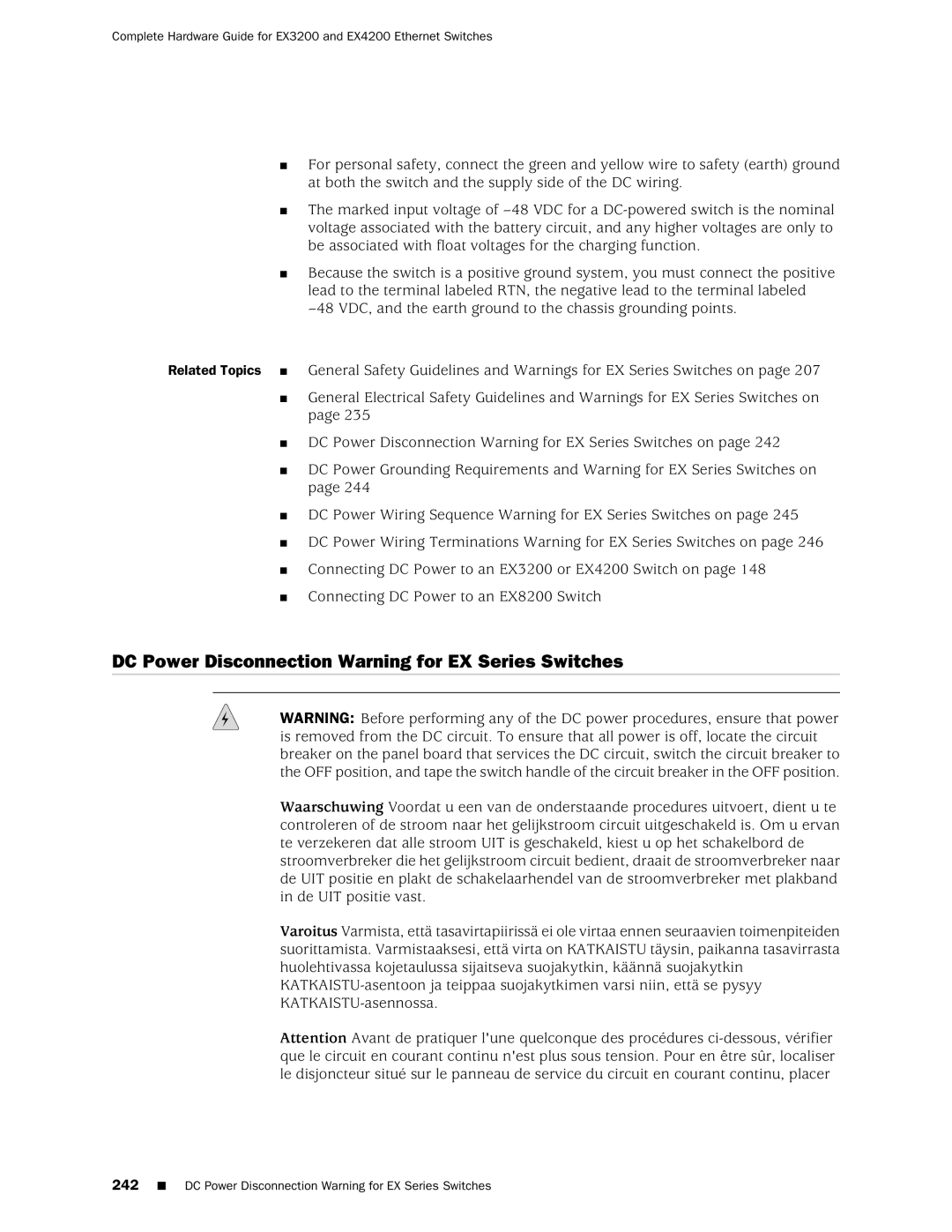 Juniper Networks EX3200, EX4200 manual DC Power Disconnection Warning for EX Series Switches 