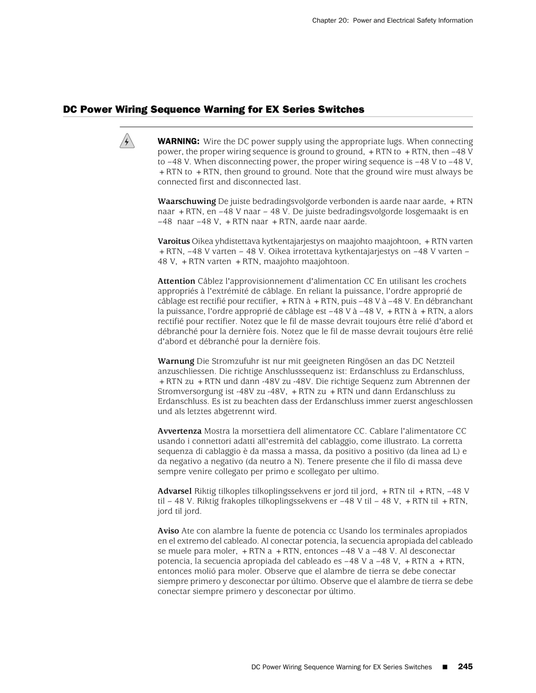 Juniper Networks EX4200, EX3200 manual DC Power Wiring Sequence Warning for EX Series Switches 