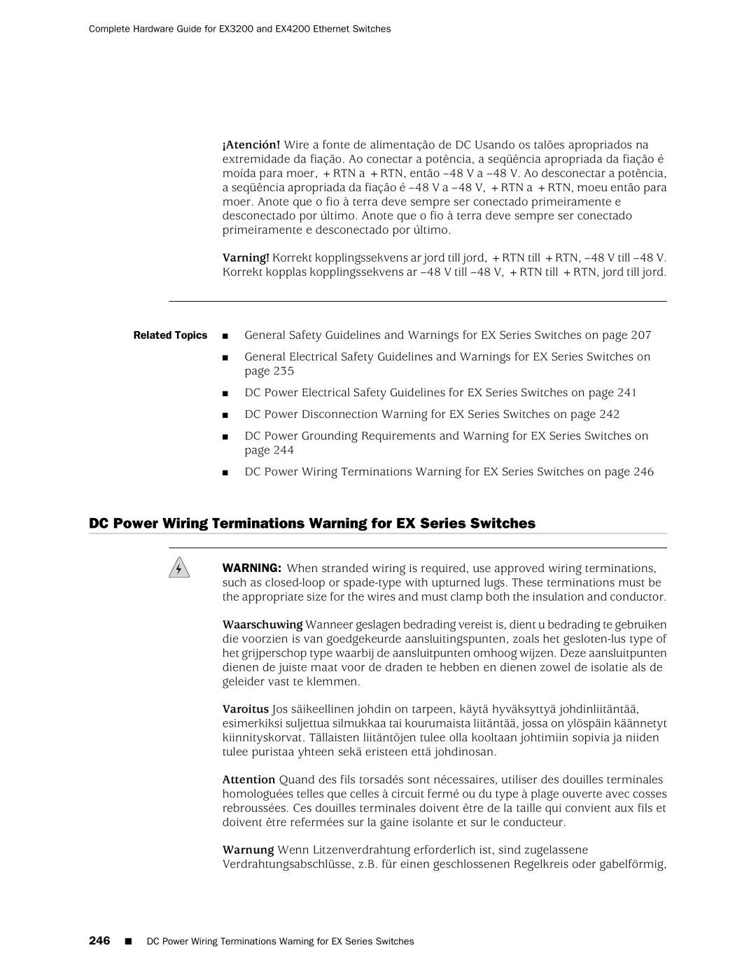 Juniper Networks EX3200, EX4200 manual DC Power Wiring Terminations Warning for EX Series Switches 