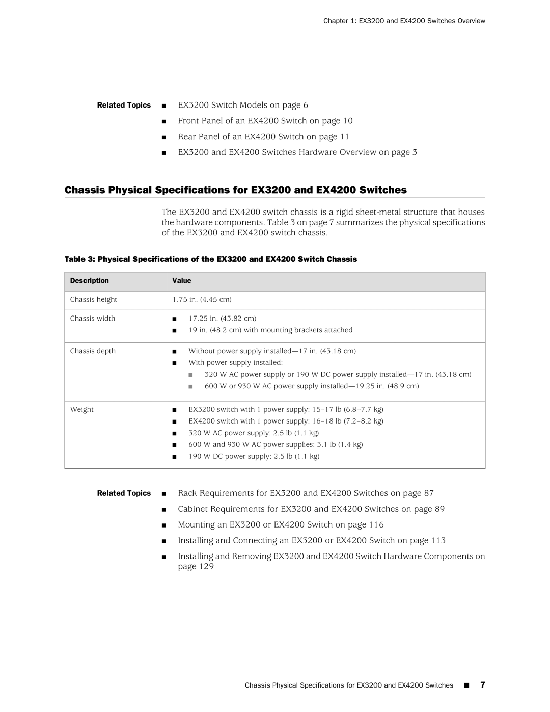 Juniper Networks EX4200, EX3200 manual Description Value 