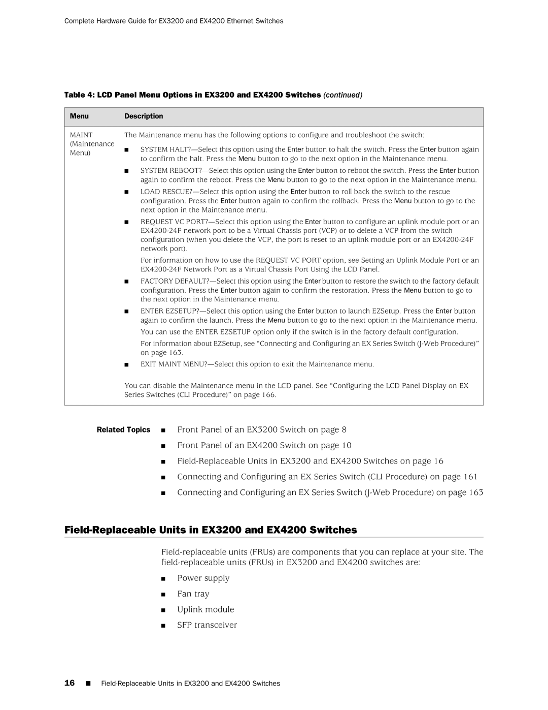 Juniper Networks manual Field-Replaceable Units in EX3200 and EX4200 Switches, Menu 