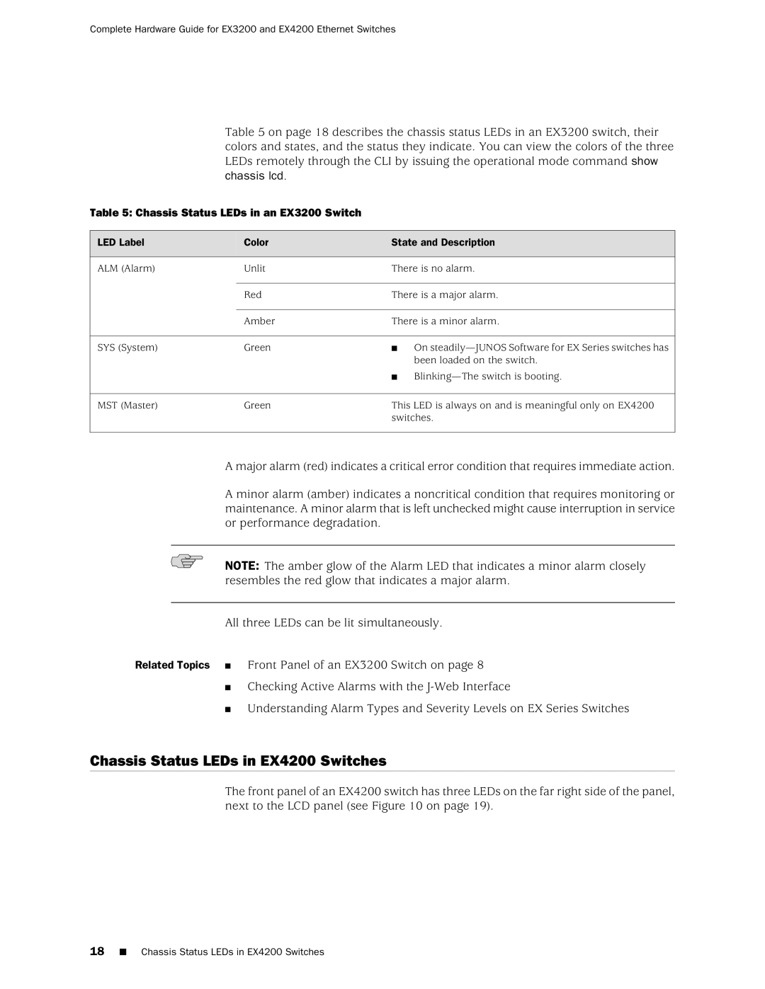 Juniper Networks EX3200 manual Chassis Status LEDs in EX4200 Switches, LED Label Color State and Description 