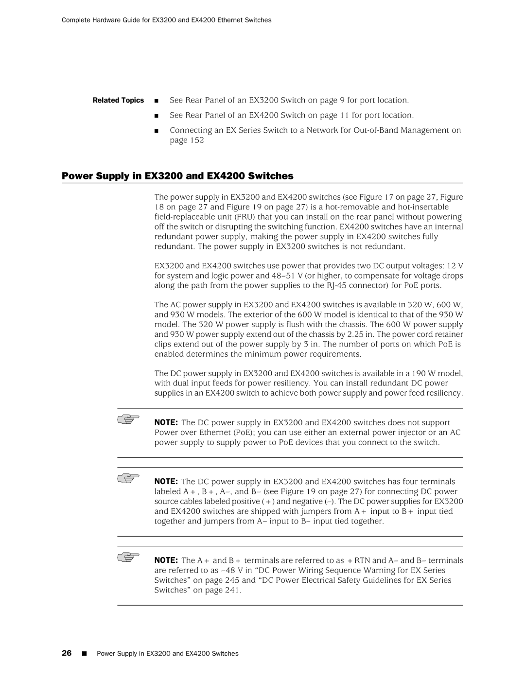 Juniper Networks manual Power Supply in EX3200 and EX4200 Switches 