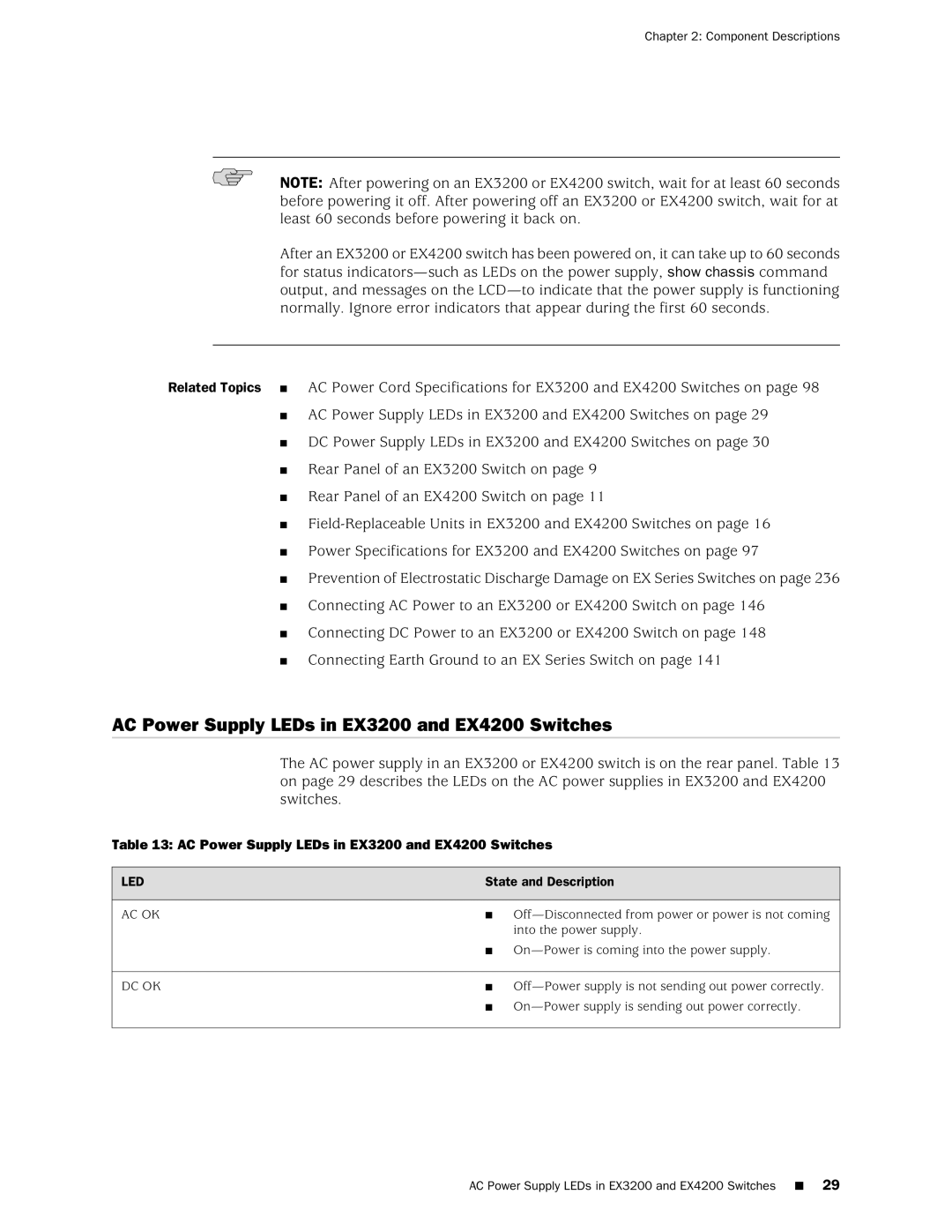 Juniper Networks manual AC Power Supply LEDs in EX3200 and EX4200 Switches, Ac Ok, Dc Ok 