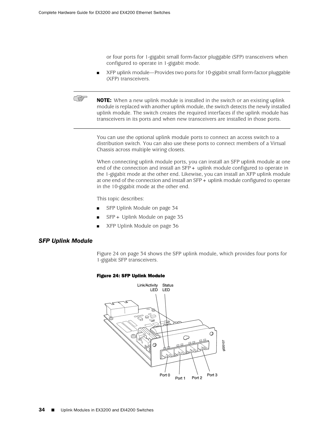 Juniper Networks EX3200, EX4200 manual SFP Uplink Module 