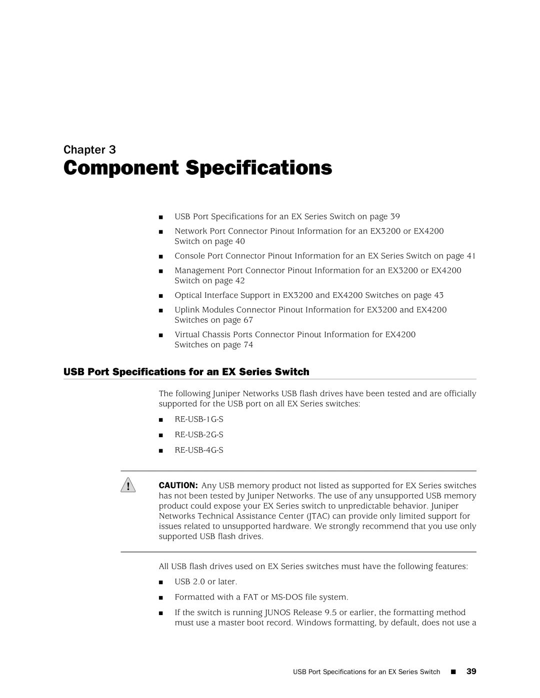 Juniper Networks EX4200, EX3200 manual Component Specifications, USB Port Specifications for an EX Series Switch 