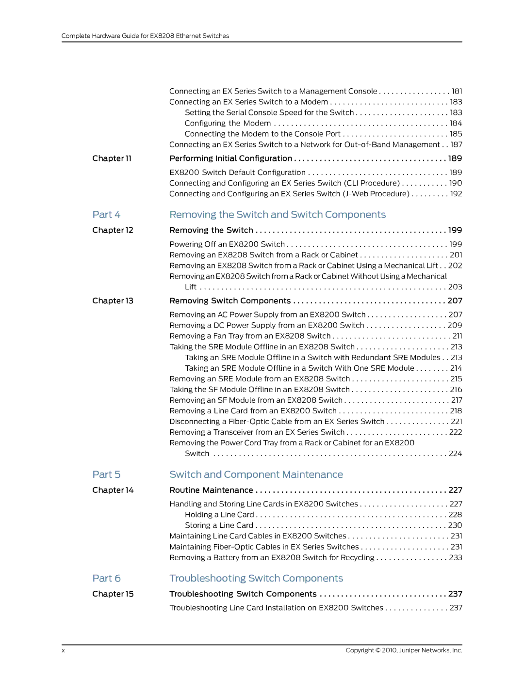 Juniper Networks EX8208 manual Part Removing the Switch and Switch Components, Part Switch and Component Maintenance 