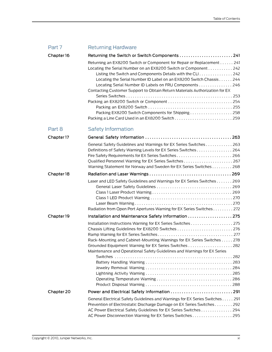 Juniper Networks EX8208 manual Part Returning Hardware, Part Safety Information 