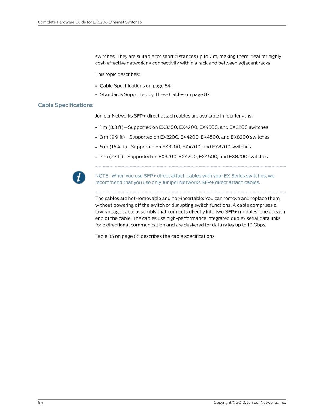 Juniper Networks EX8208 manual Cable Specifications 