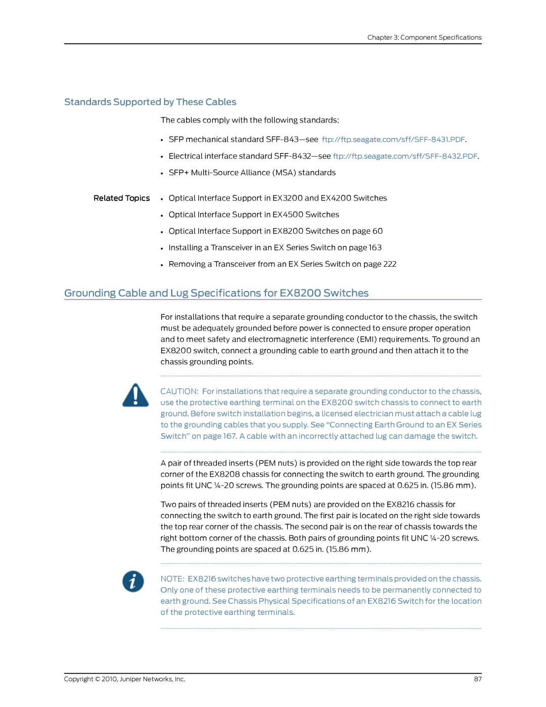 Juniper Networks EX8208 Grounding Cable and Lug Specifications for EX8200 Switches, Standards Supported by These Cables 