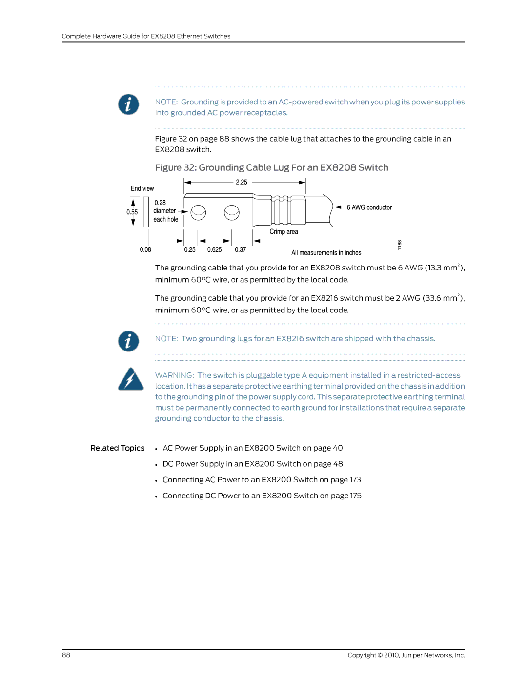 Juniper Networks manual Grounding Cable Lug For an EX8208 Switch 