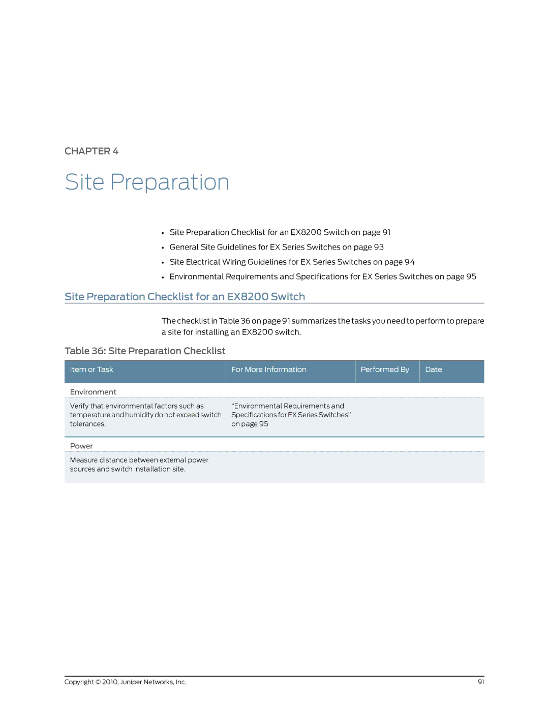 Juniper Networks EX8208 manual Site Preparation Checklist for an EX8200 Switch, Item or Task 