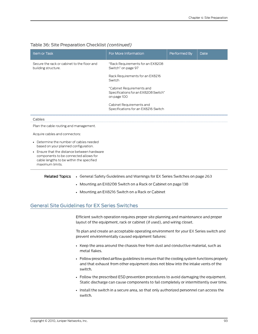 Juniper Networks EX8208 manual General Site Guidelines for EX Series Switches, Cables 