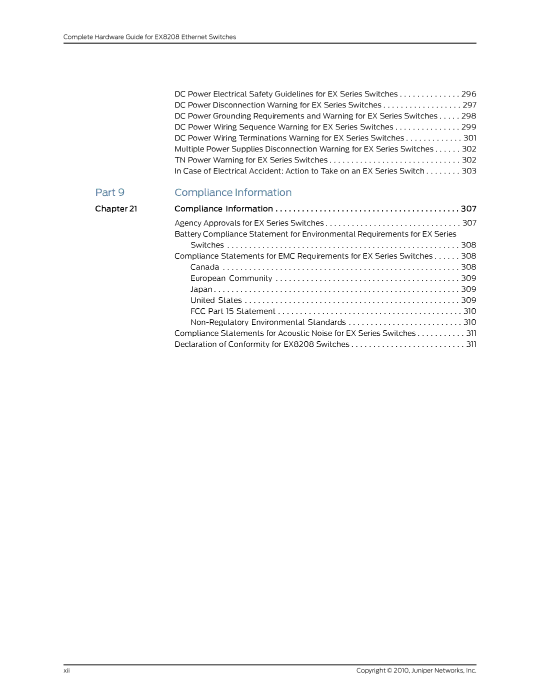 Juniper Networks EX8208 manual Part Compliance Information, Chapter Compliance Information 307 
