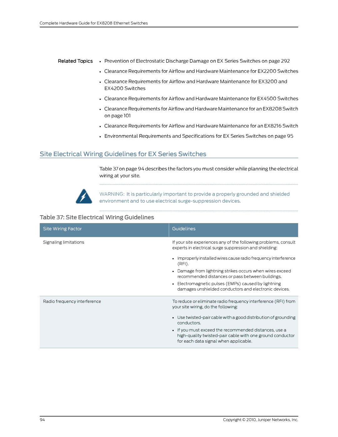 Juniper Networks EX8208 manual Site Electrical Wiring Guidelines for EX Series Switches, Site Wiring Factor Guidelines 