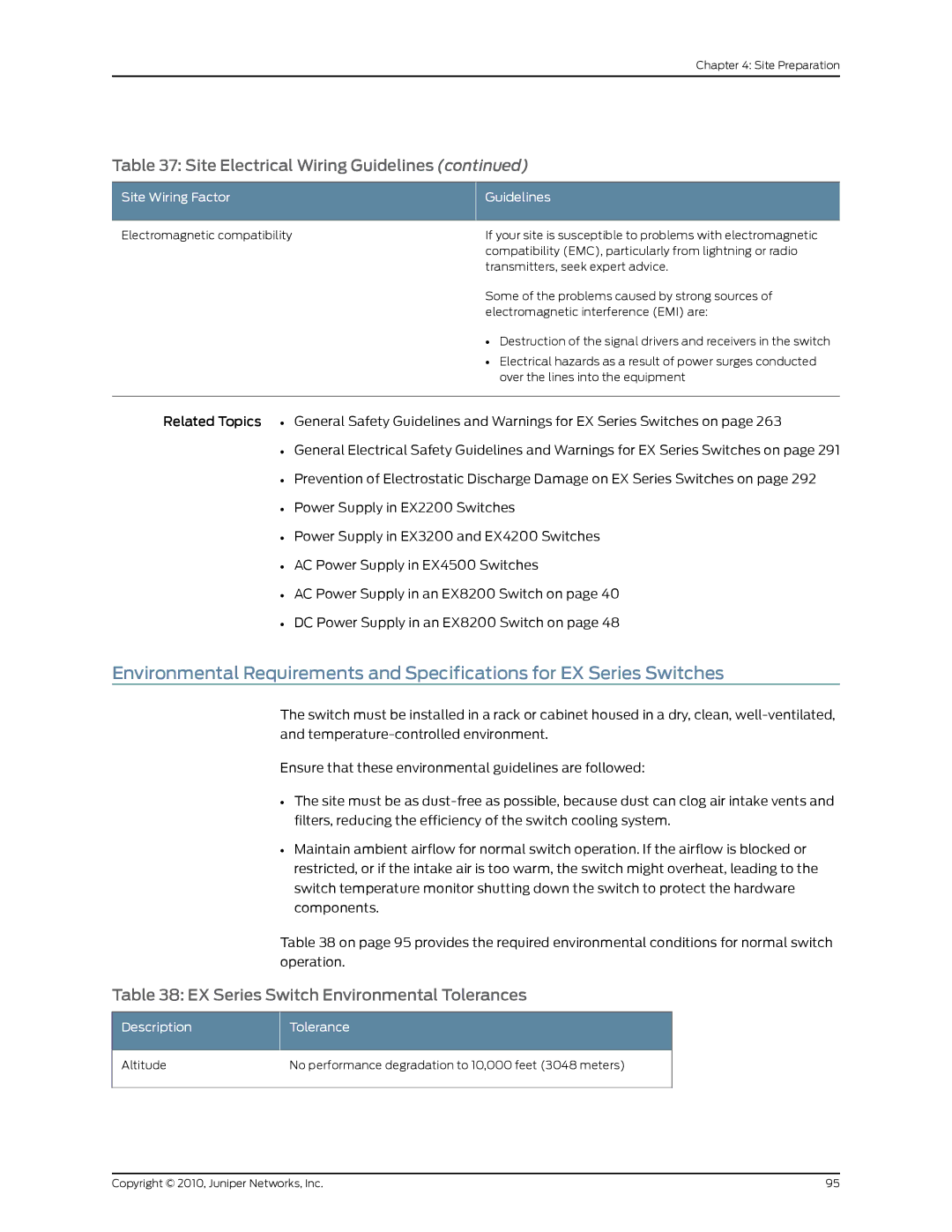 Juniper Networks EX8208 manual EX Series Switch Environmental Tolerances, DescriptionTolerance 