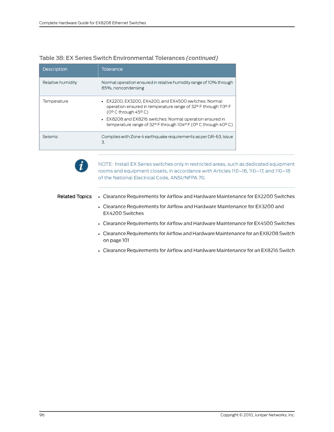 Juniper Networks EX8208 manual EX Series Switch Environmental Tolerances 