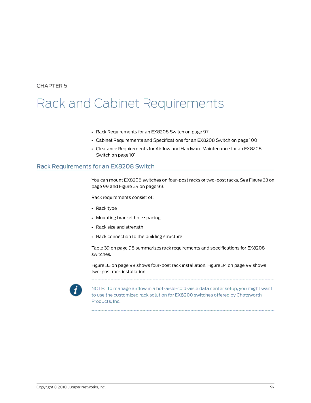 Juniper Networks manual Rack and Cabinet Requirements, Rack Requirements for an EX8208 Switch 