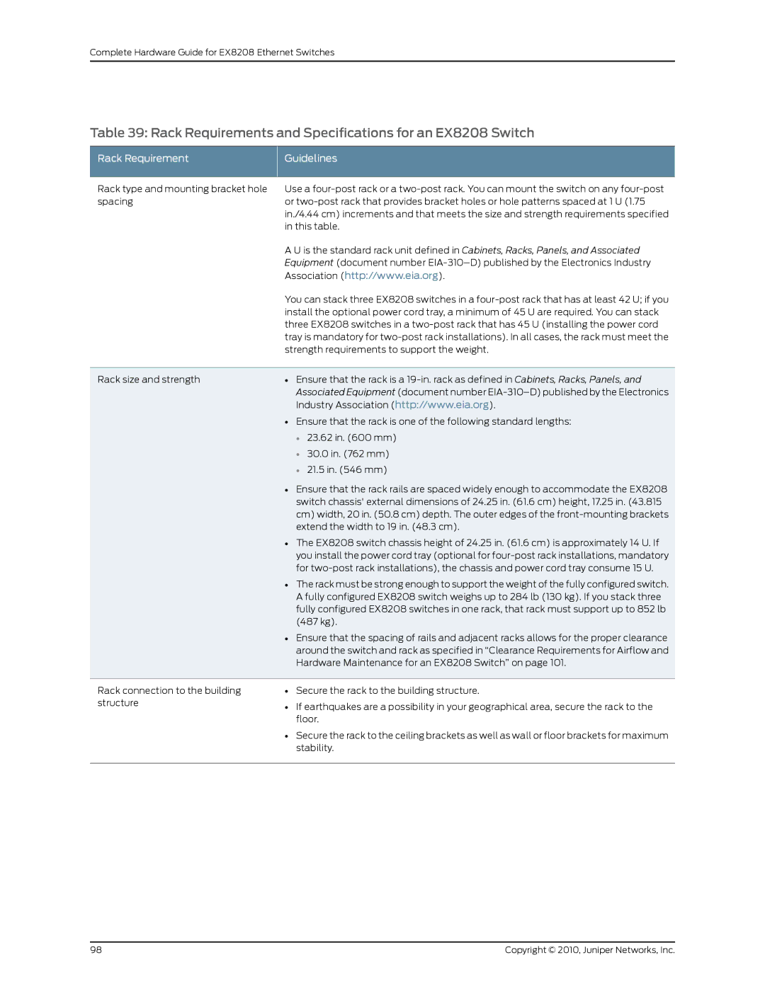 Juniper Networks manual Rack Requirements and Specifications for an EX8208 Switch, Rack Requirement Guidelines 