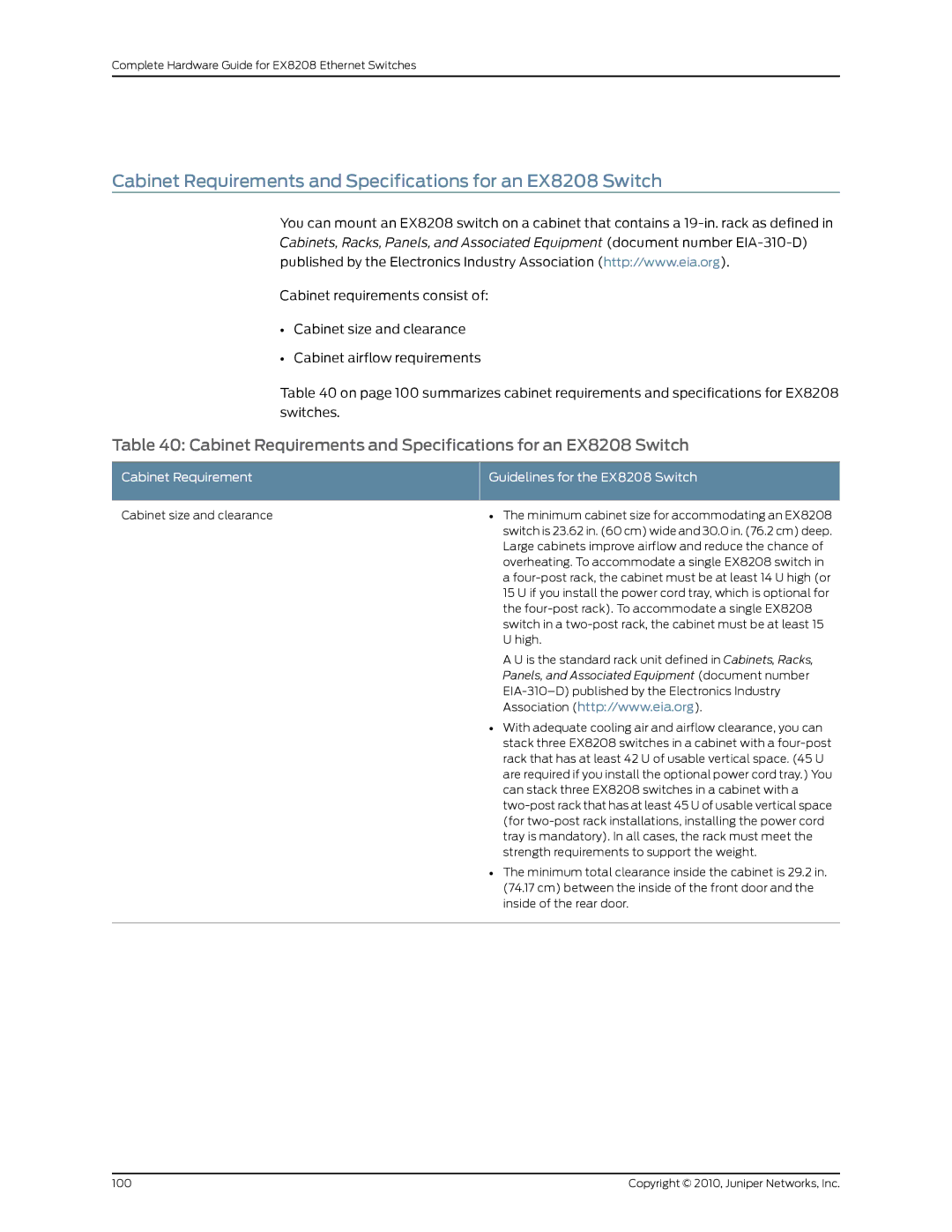 Juniper Networks manual Cabinet Requirements and Specifications for an EX8208 Switch 