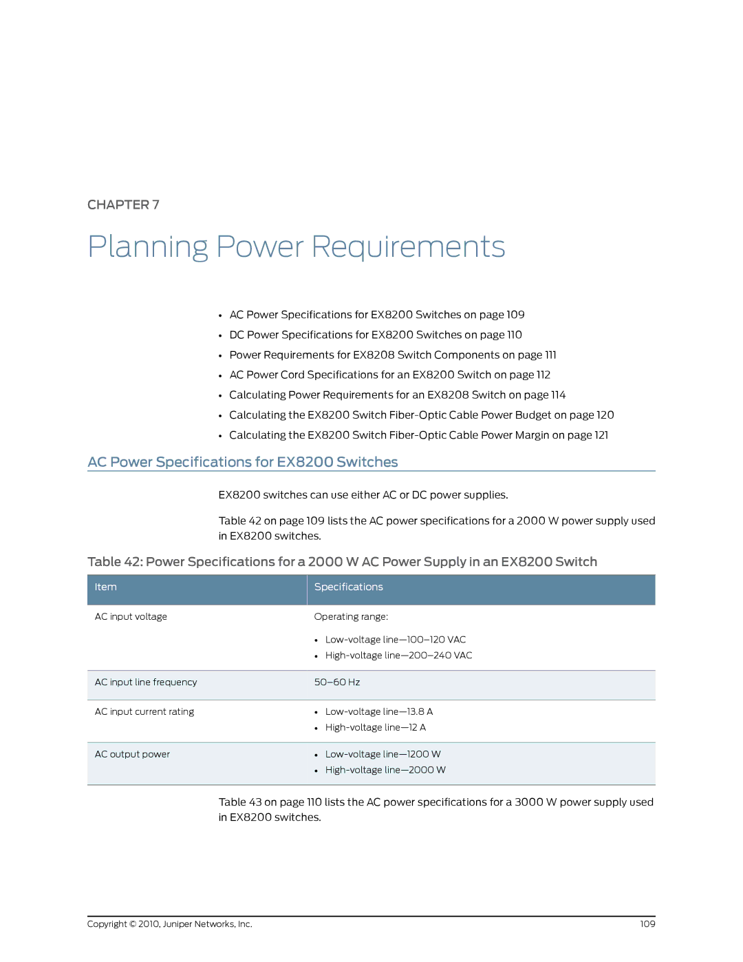 Juniper Networks EX8208 manual Planning Power Requirements, AC Power Specifications for EX8200 Switches 