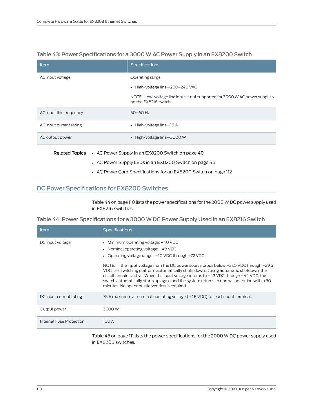 Juniper Networks EX8208 manual DC Power Specifications for EX8200 Switches, ItemSpecifications 