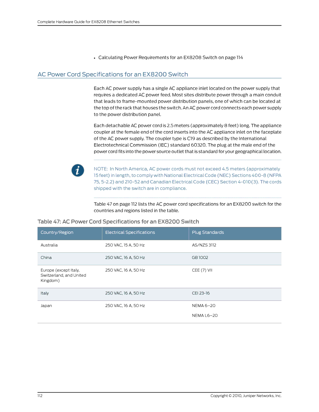 Juniper Networks EX8208 manual AC Power Cord Specifications for an EX8200 Switch, CEE 7 