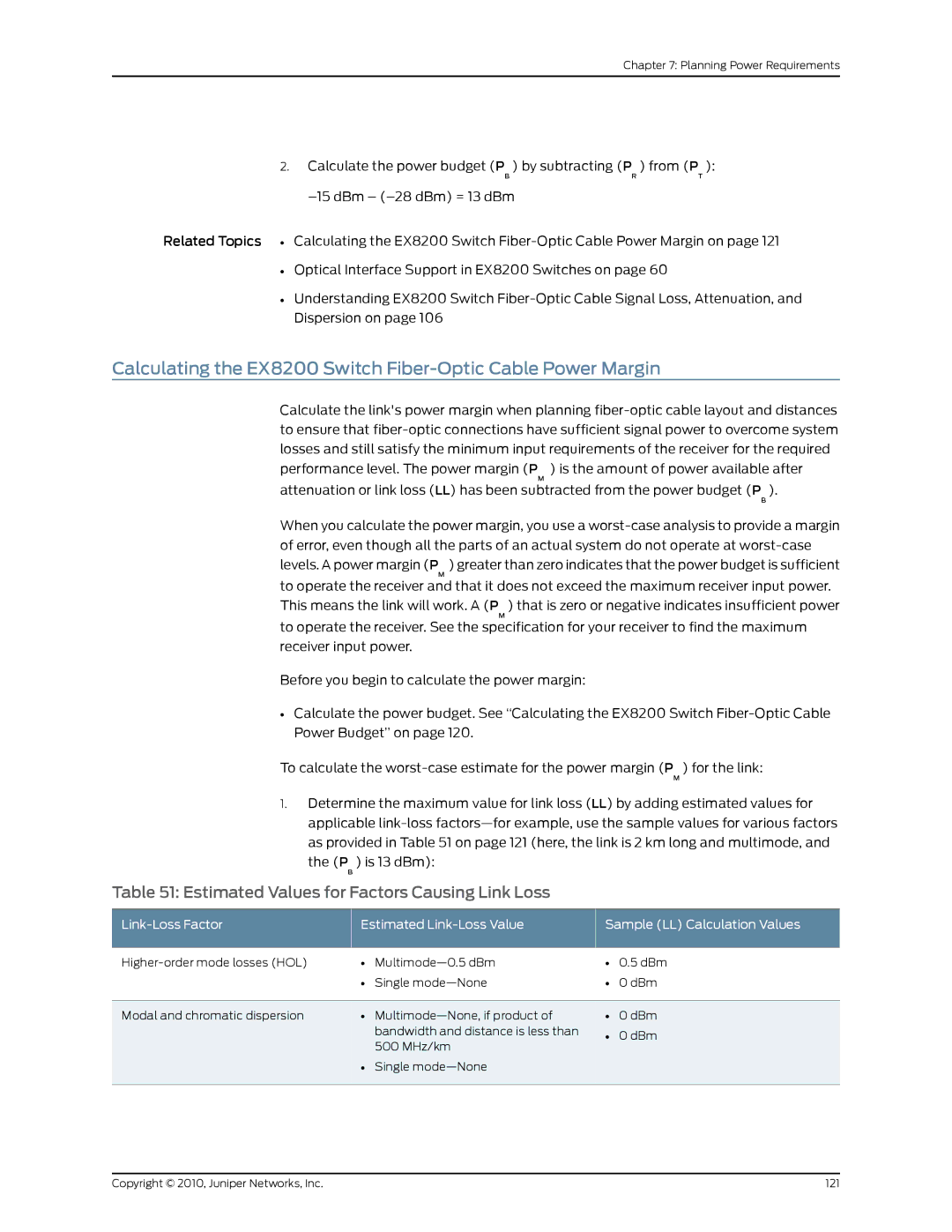 Juniper Networks EX8208 manual Estimated Values for Factors Causing Link Loss, Link-Loss Factor Estimated Link-Loss Value 