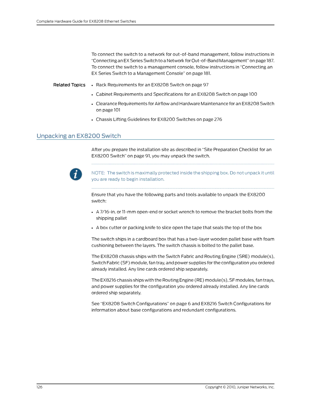 Juniper Networks EX8208 manual Unpacking an EX8200 Switch 