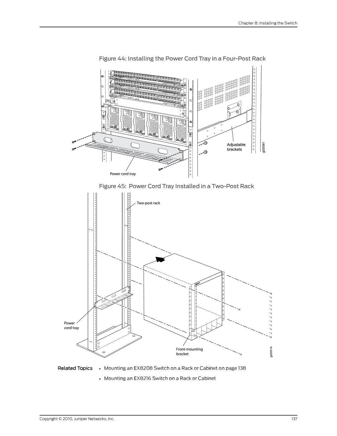 Juniper Networks EX8208 manual Installing the Power Cord Tray in a Four-Post Rack 