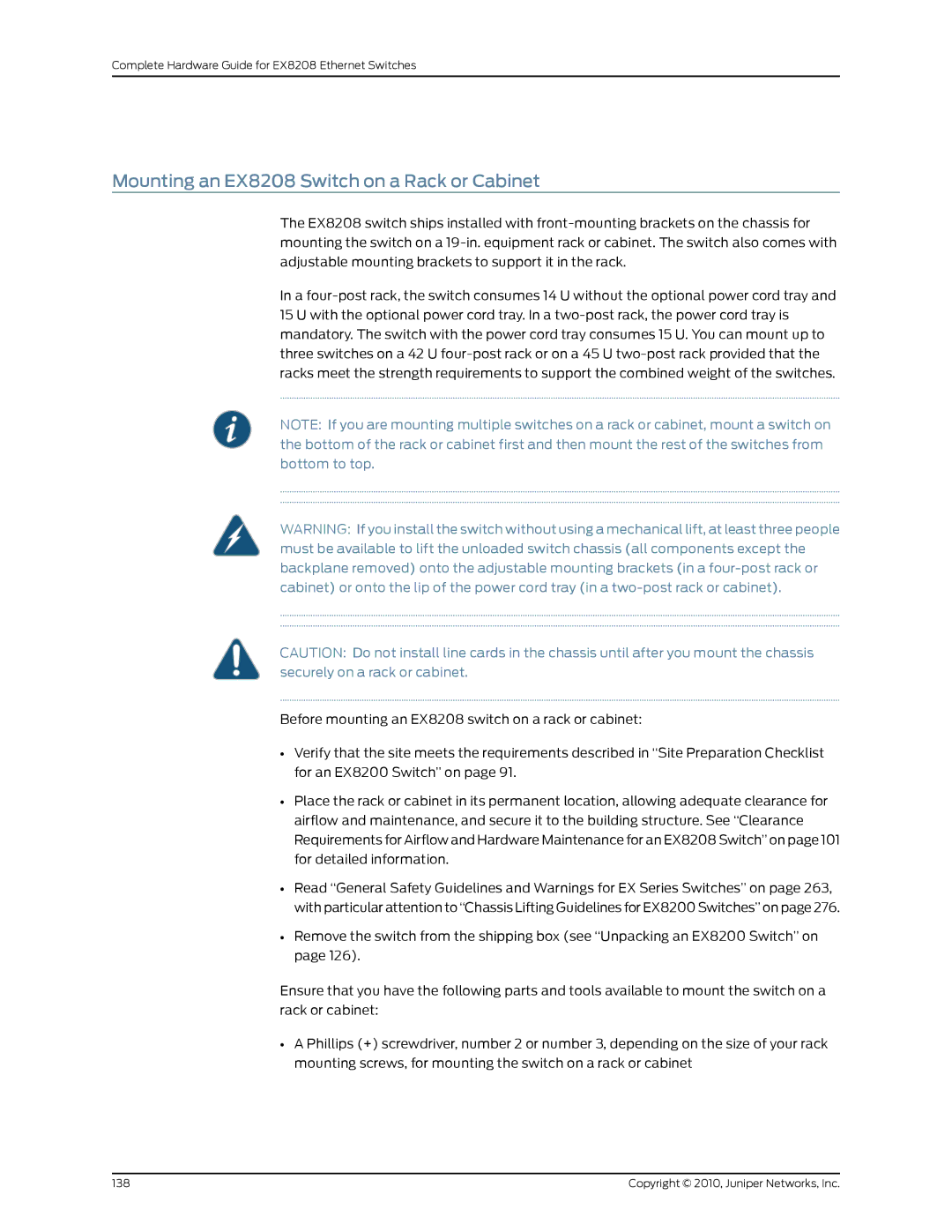 Juniper Networks manual Mounting an EX8208 Switch on a Rack or Cabinet 