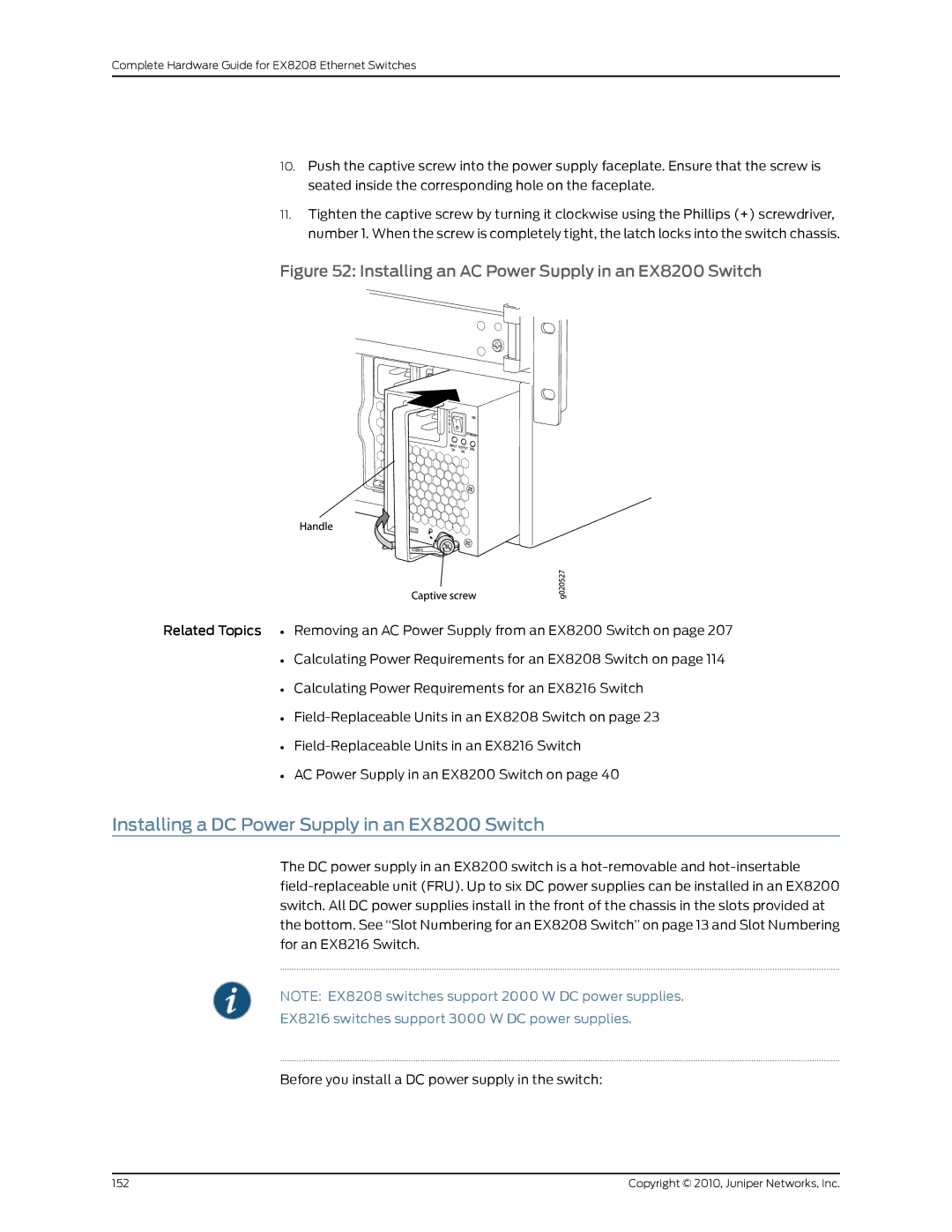 Juniper Networks EX8208 manual Installing a DC Power Supply in an EX8200 Switch 