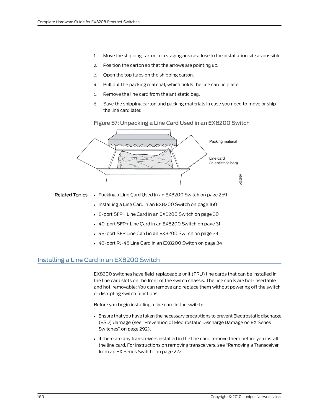Juniper Networks EX8208 manual Installing a Line Card in an EX8200 Switch, Unpacking a Line Card Used in an EX8200 Switch 